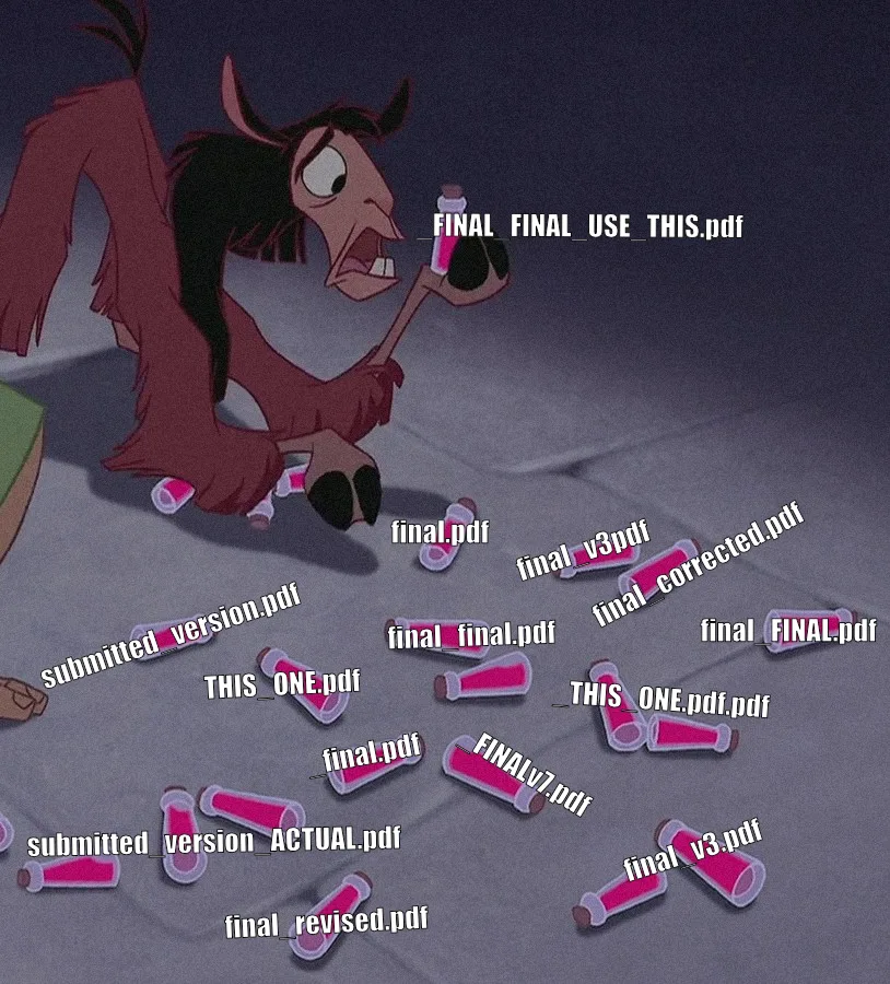 A llama surrounded by potion bottles labelled with variations of final.pdf
